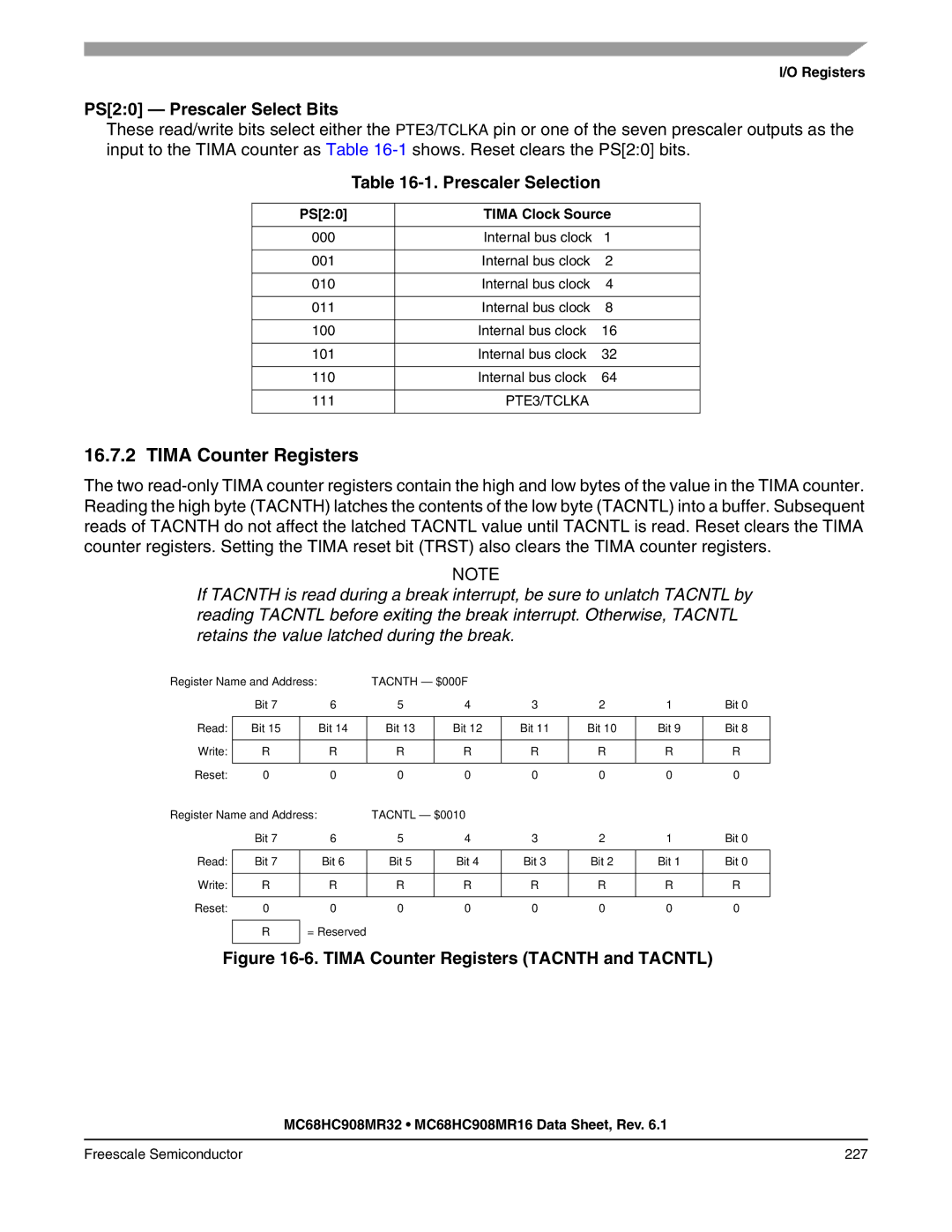 Freescale Semiconductor MC68HC908MR16 manual Tima Counter Registers, PS20 Prescaler Select Bits, Prescaler Selection 