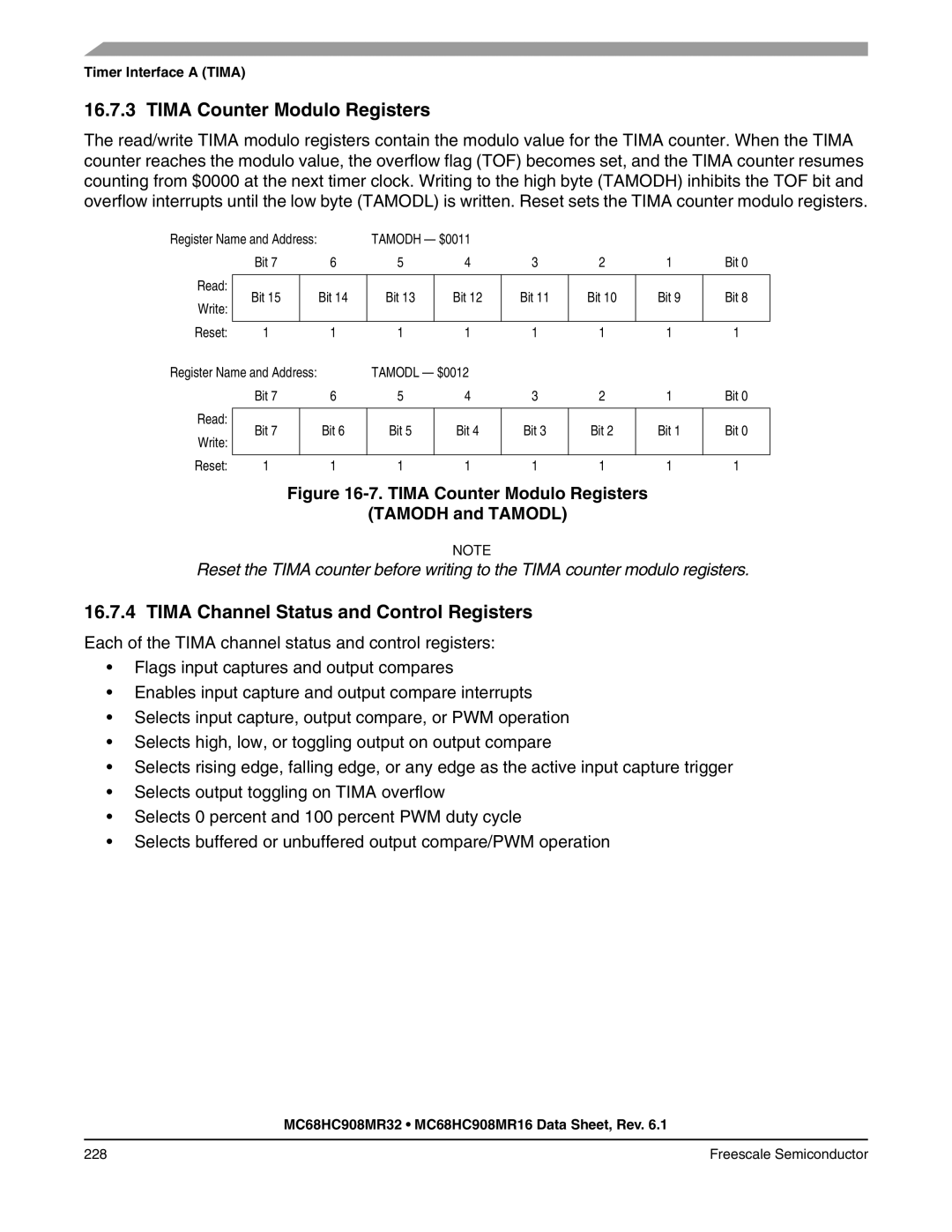 Freescale Semiconductor MC68HC908MR32 manual Tima Counter Modulo Registers, Tima Channel Status and Control Registers 