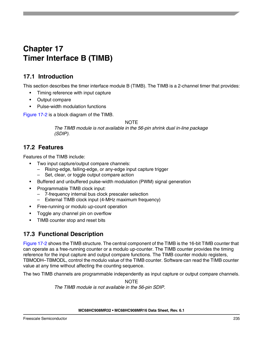 Freescale Semiconductor MC68HC908MR16 Chapter Timer Interface B Timb, Timb module is not available in the 56-pin Sdip 