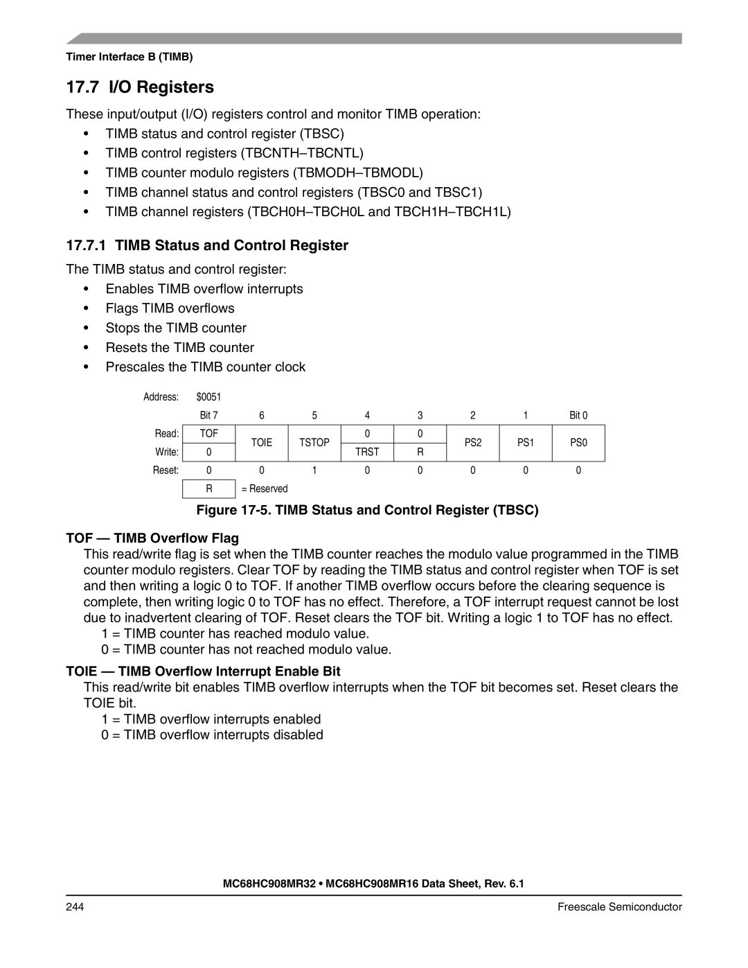 Freescale Semiconductor MC68HC908MR32, MC68HC908MR16 manual 17.7 I/O Registers, Timb Status and Control Register 