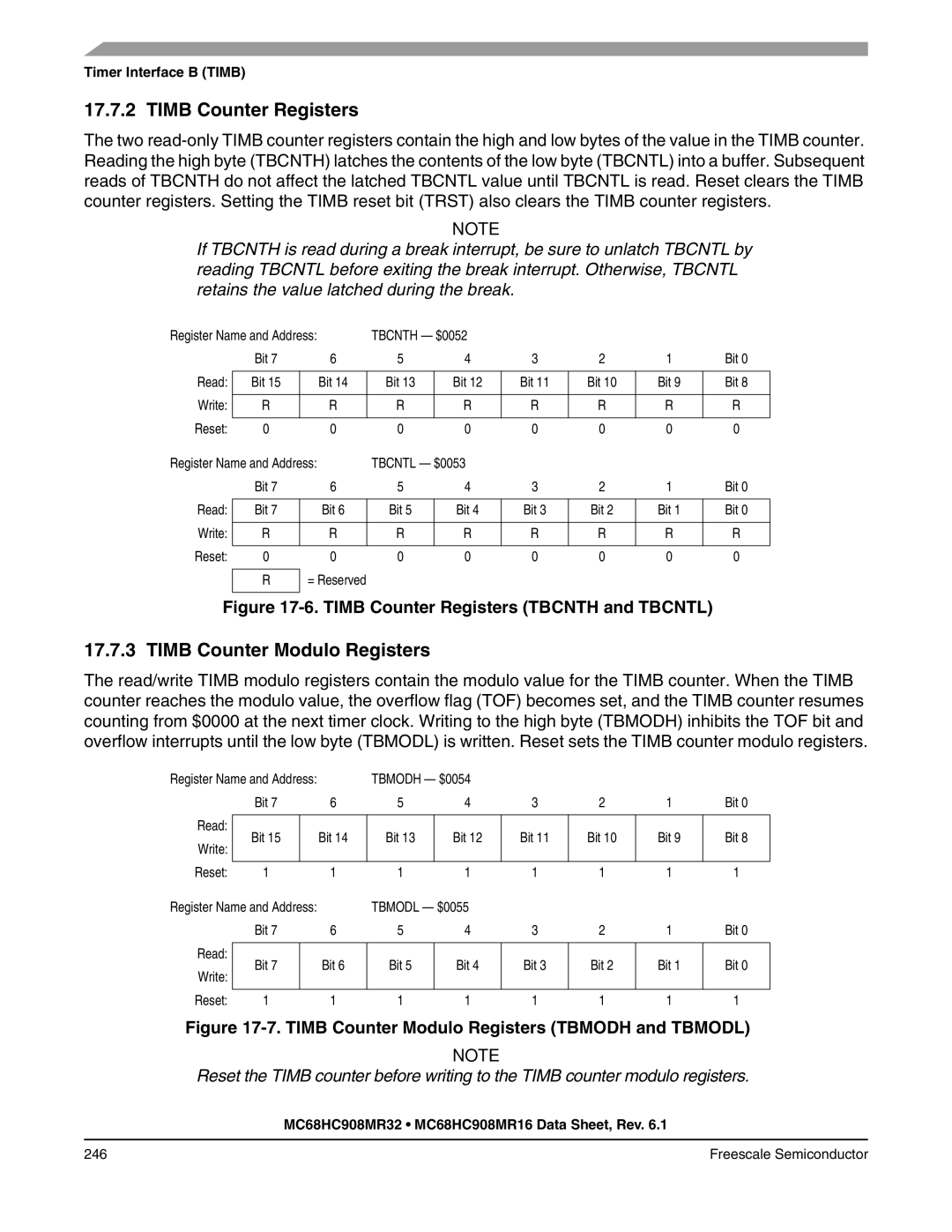 Freescale Semiconductor MC68HC908MR32, MC68HC908MR16 manual Timb Counter Registers, Timb Counter Modulo Registers 