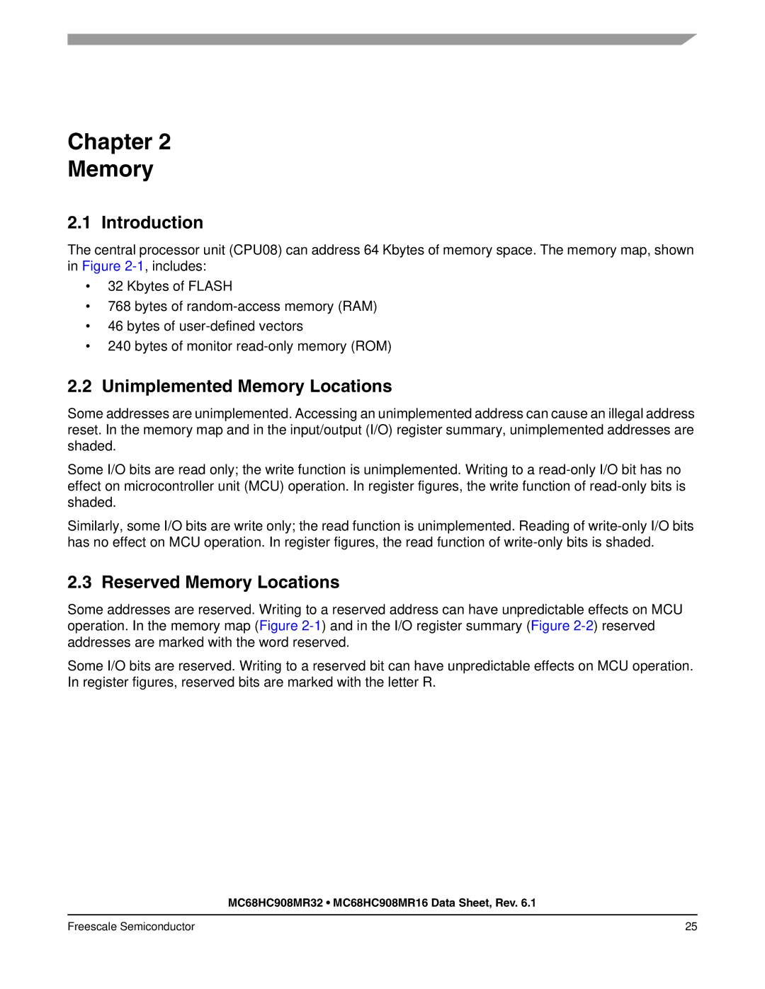 Freescale Semiconductor MC68HC908MR16 manual Chapter Memory, Unimplemented Memory Locations, Reserved Memory Locations 