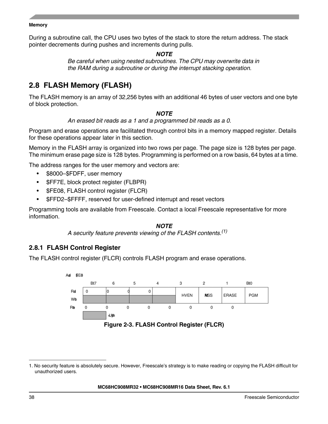 Freescale Semiconductor MC68HC908MR32, MC68HC908MR16 manual Flash Memory Flash, Flash Control Register 