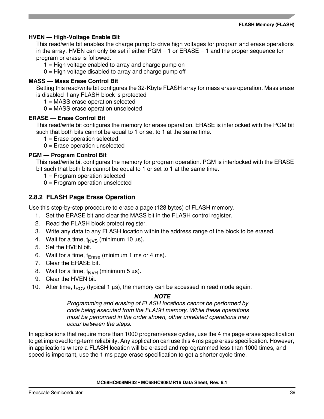 Freescale Semiconductor MC68HC908MR16 Flash Page Erase Operation, Hven High-Voltage Enable Bit, Erase Erase Control Bit 