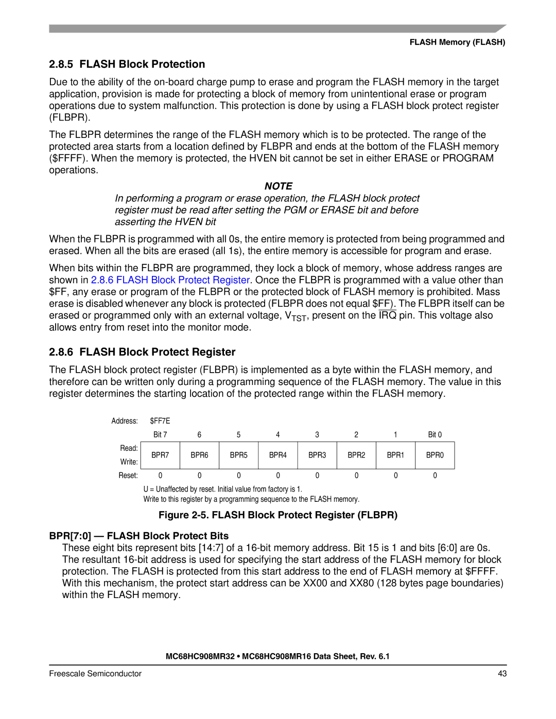 Freescale Semiconductor MC68HC908MR16, MC68HC908MR32 manual Flash Block Protection, Flash Block Protect Register 