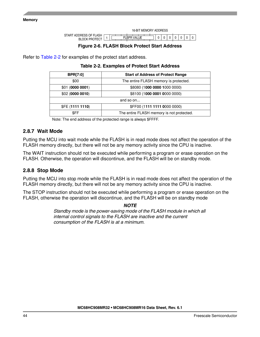 Freescale Semiconductor MC68HC908MR32, MC68HC908MR16 manual Wait Mode, Stop Mode, Examples of Protect Start Address 
