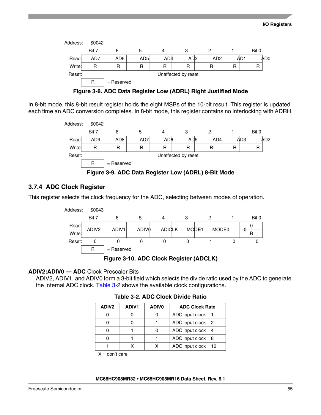 Freescale Semiconductor MC68HC908MR16, MC68HC908MR32 manual ADC Clock Register, ADC Clock Divide Ratio, ADC Clock Rate 