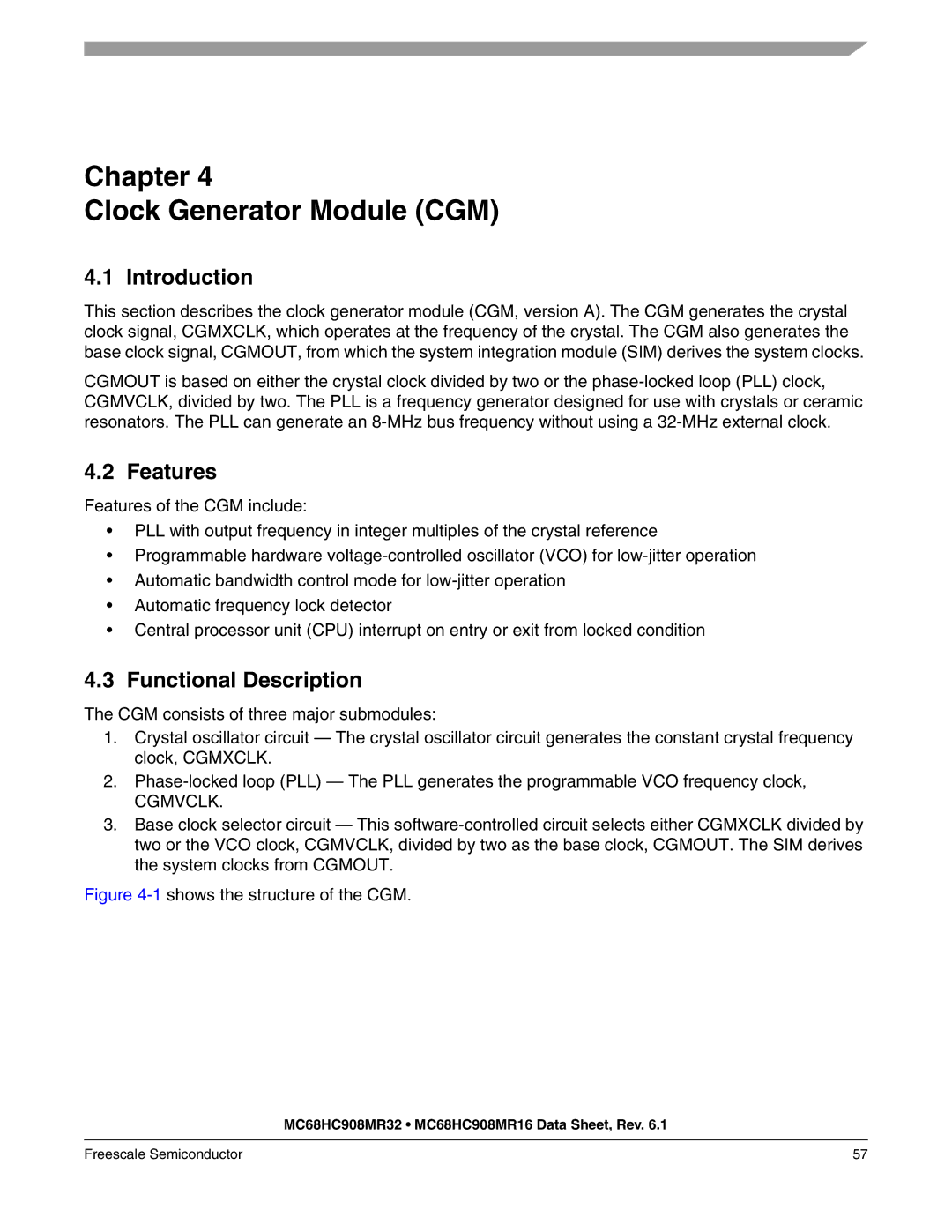 Freescale Semiconductor MC68HC908MR16, MC68HC908MR32 manual Chapter Clock Generator Module CGM, Cgmvclk 