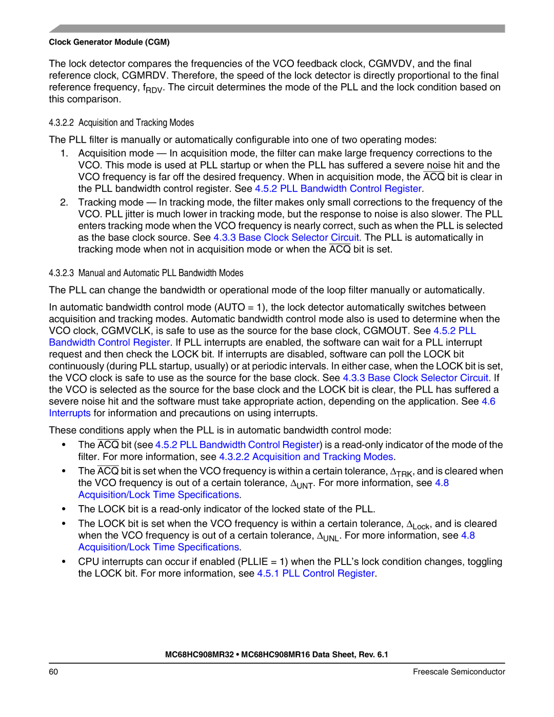 Freescale Semiconductor MC68HC908MR32 manual Acquisition and Tracking Modes, Manual and Automatic PLL Bandwidth Modes 