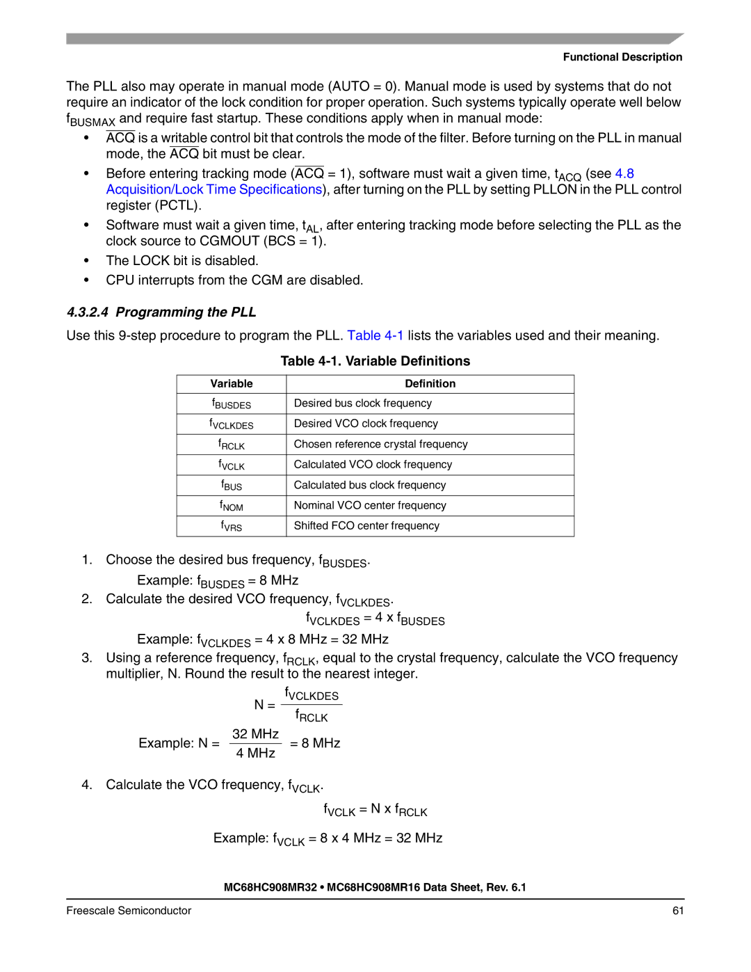 Freescale Semiconductor MC68HC908MR16, MC68HC908MR32 manual Programming the PLL, Variable Definitions 