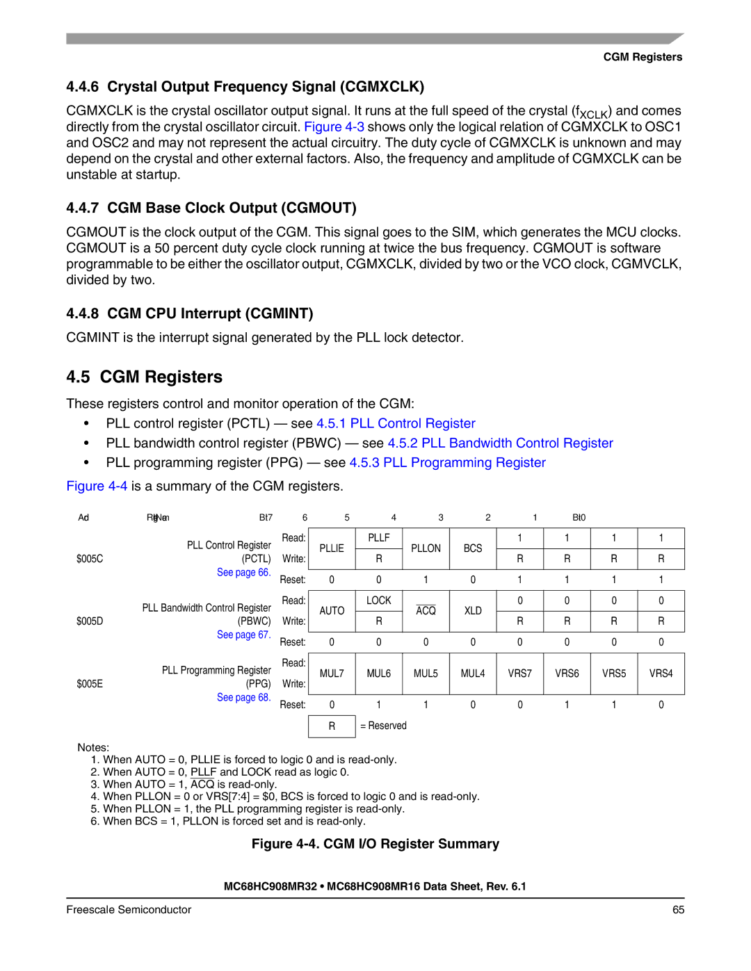 Freescale Semiconductor MC68HC908MR16 CGM Registers, Crystal Output Frequency Signal Cgmxclk, CGM Base Clock Output Cgmout 