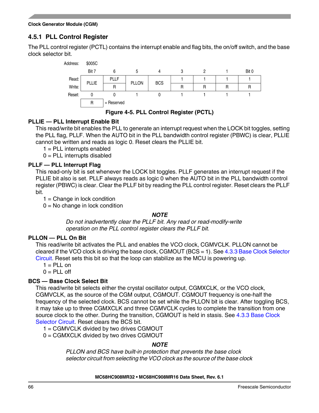 Freescale Semiconductor MC68HC908MR32, MC68HC908MR16 manual PLL Control Register, Pllf PLL Interrupt Flag, Pllon PLL On Bit 