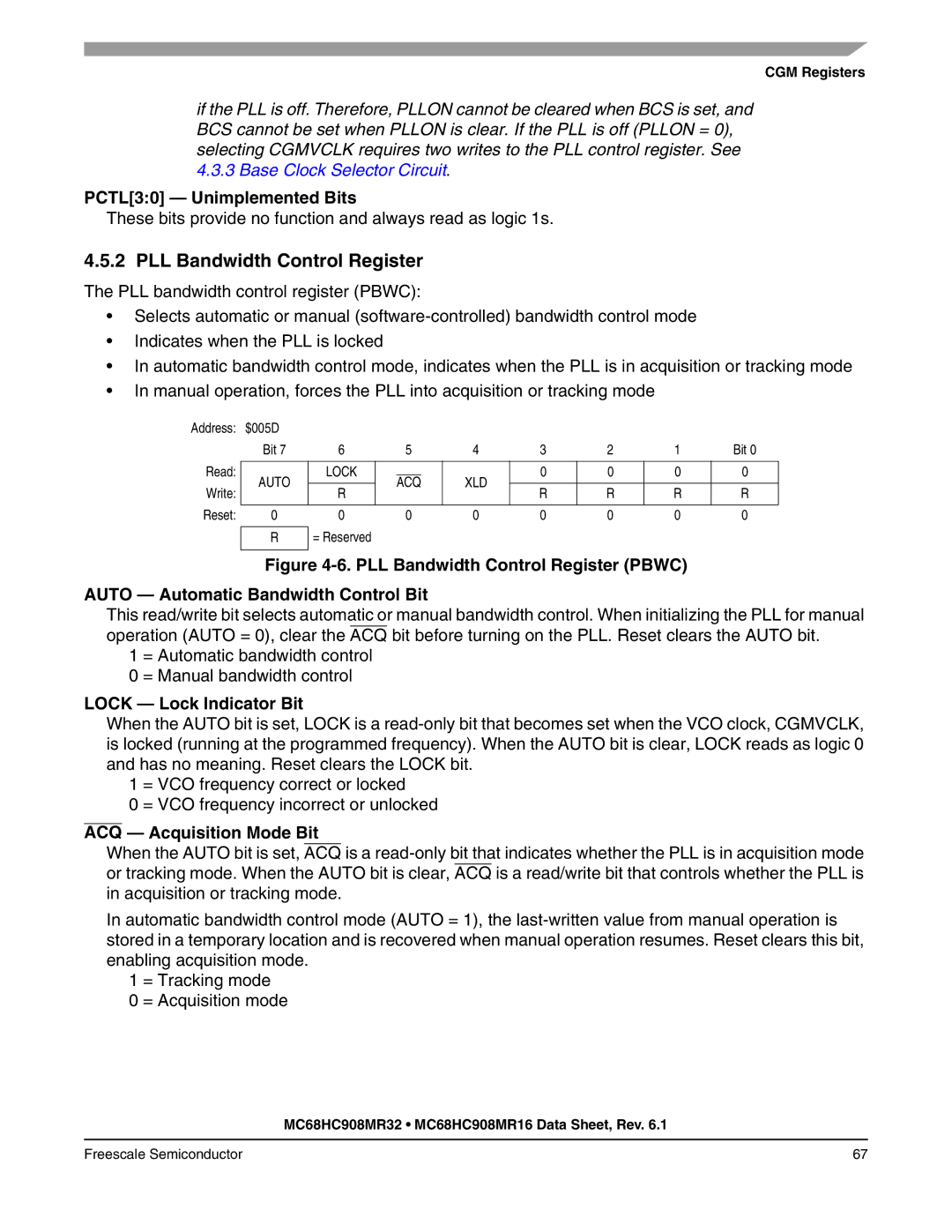 Freescale Semiconductor MC68HC908MR16 PLL Bandwidth Control Register, PCTL30 Unimplemented Bits, Lock Lock Indicator Bit 