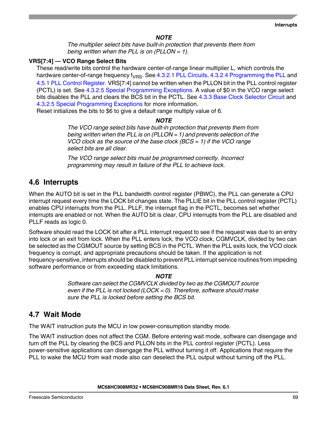 Freescale Semiconductor MC68HC908MR16, MC68HC908MR32 manual VRS74 VCO Range Select Bits, Interrupts 