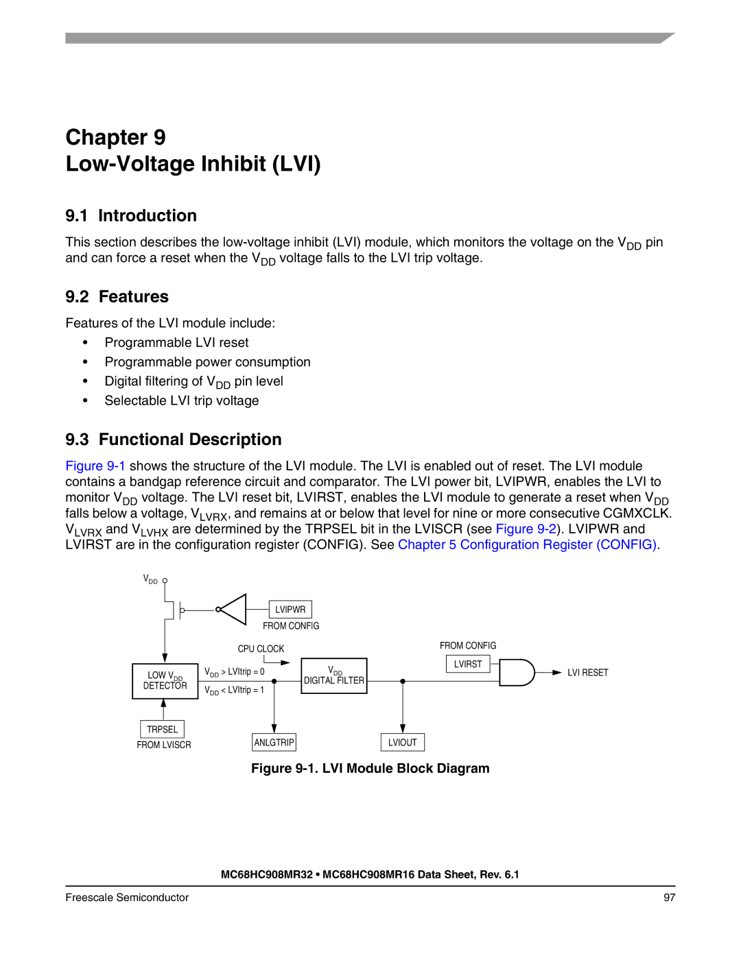 Freescale Semiconductor MC68HC908MR16, MC68HC908MR32 manual Chapter Low-Voltage Inhibit LVI, LVI Module Block Diagram 