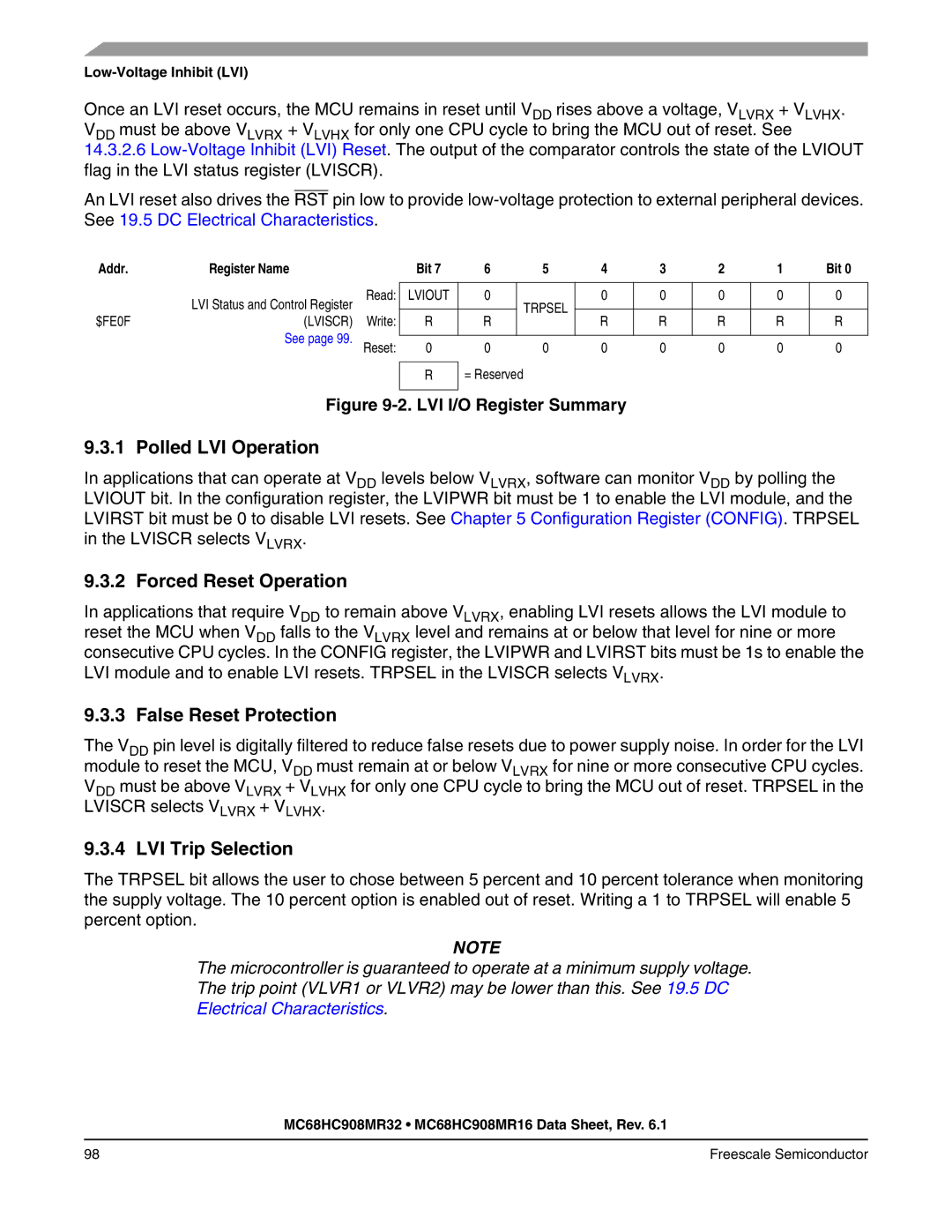 Freescale Semiconductor MC68HC908MR32, MC68HC908MR16 Polled LVI Operation, Forced Reset Operation, False Reset Protection 