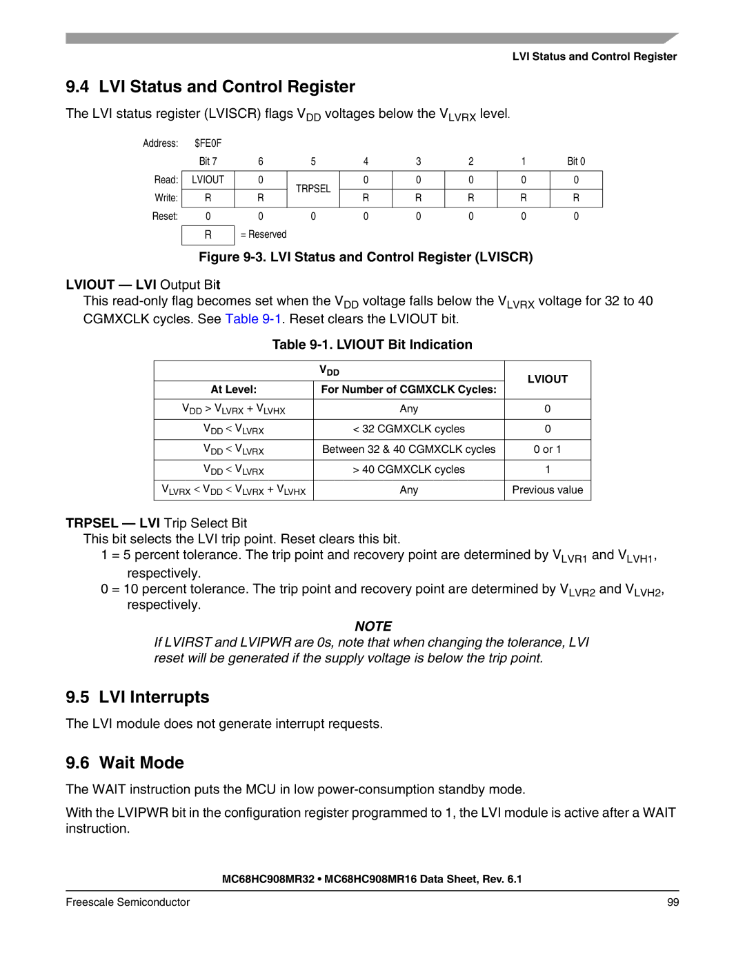 Freescale Semiconductor MC68HC908MR16 manual LVI Status and Control Register, LVI Interrupts, Lviout Bit Indication 