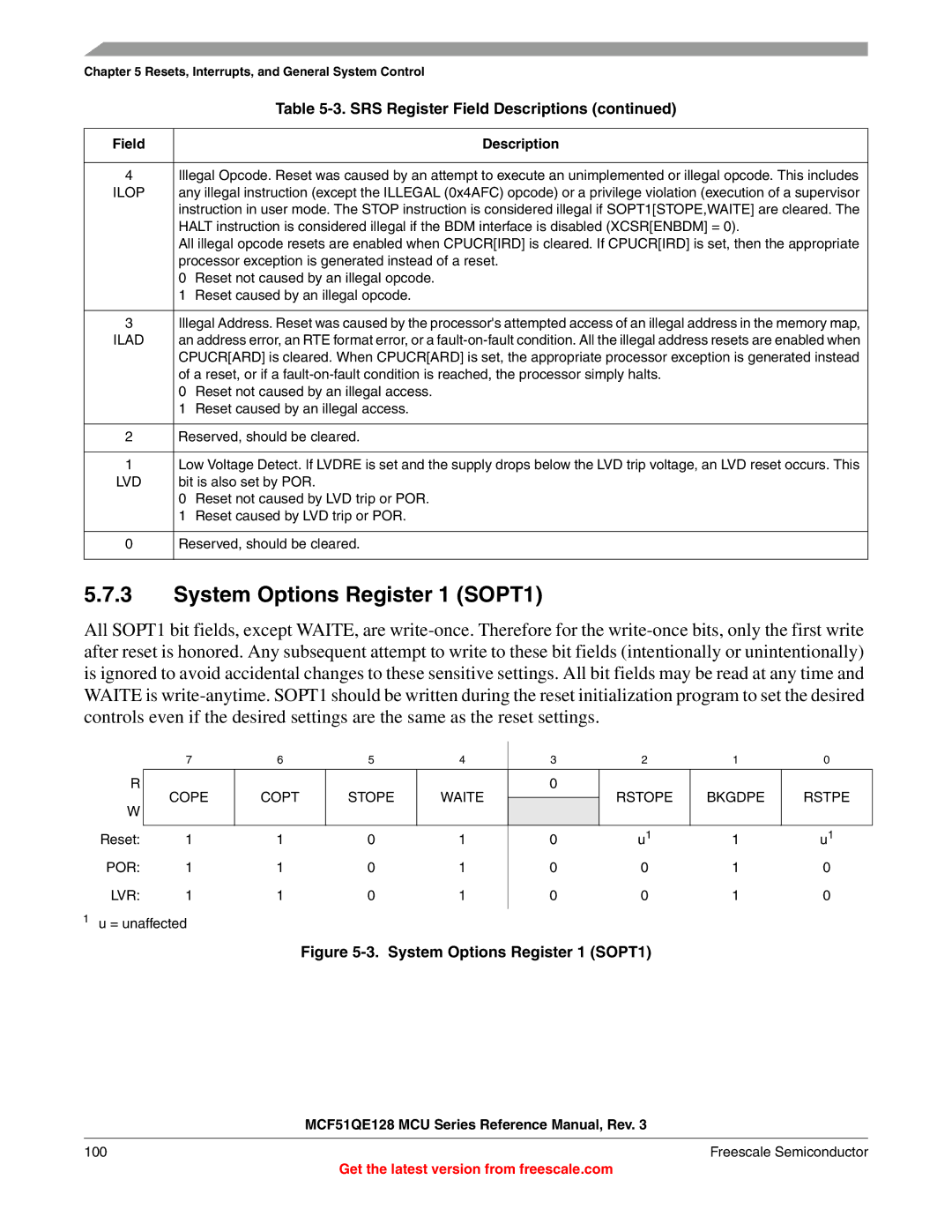 Freescale Semiconductor MCF51QE128RM manual System Options Register 1 SOPT1, Por Lvr 