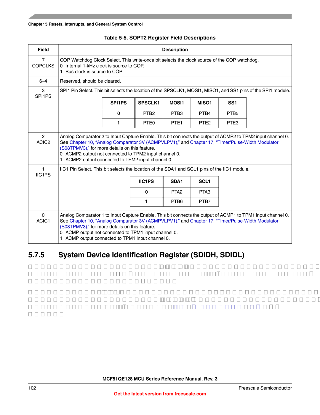 Freescale Semiconductor MCF51QE128RM System Device Identification Register SDIDH, Sdidl, SOPT2 Register Field Descriptions 