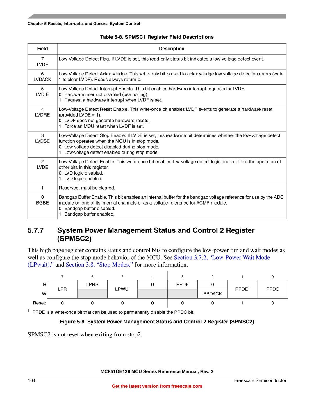 Freescale Semiconductor MCF51QE128RM manual SPMSC1 Register Field Descriptions, LPR Lprs Lpwui Ppde Ppdc Ppdack 