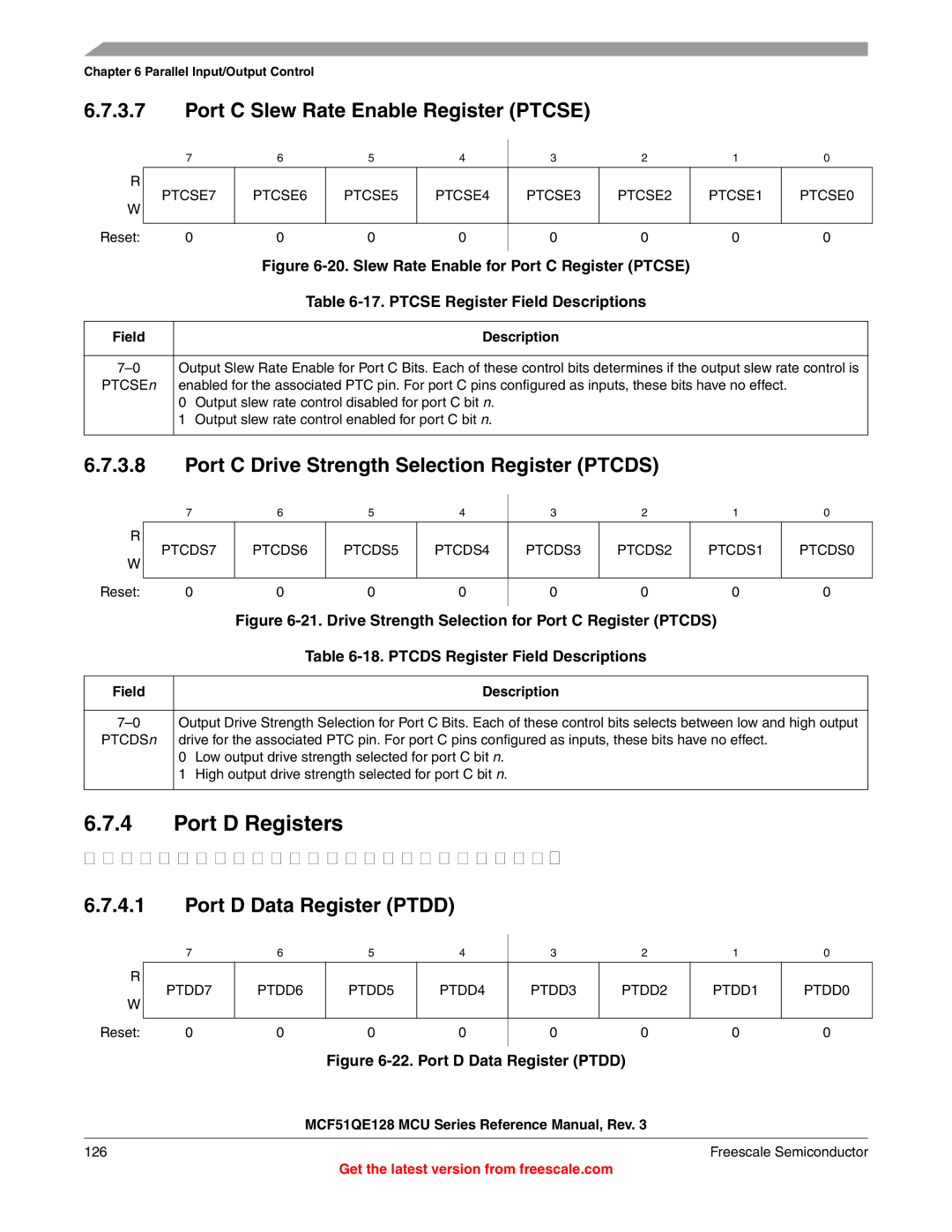 Freescale Semiconductor MCF51QE128RM Port D Registers, Port C Slew Rate Enable Register Ptcse, Port D Data Register Ptdd 