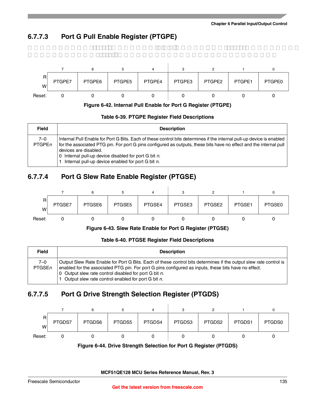 Freescale Semiconductor MCF51QE128RM manual Port G Pull Enable Register Ptgpe, Port G Slew Rate Enable Register Ptgse 