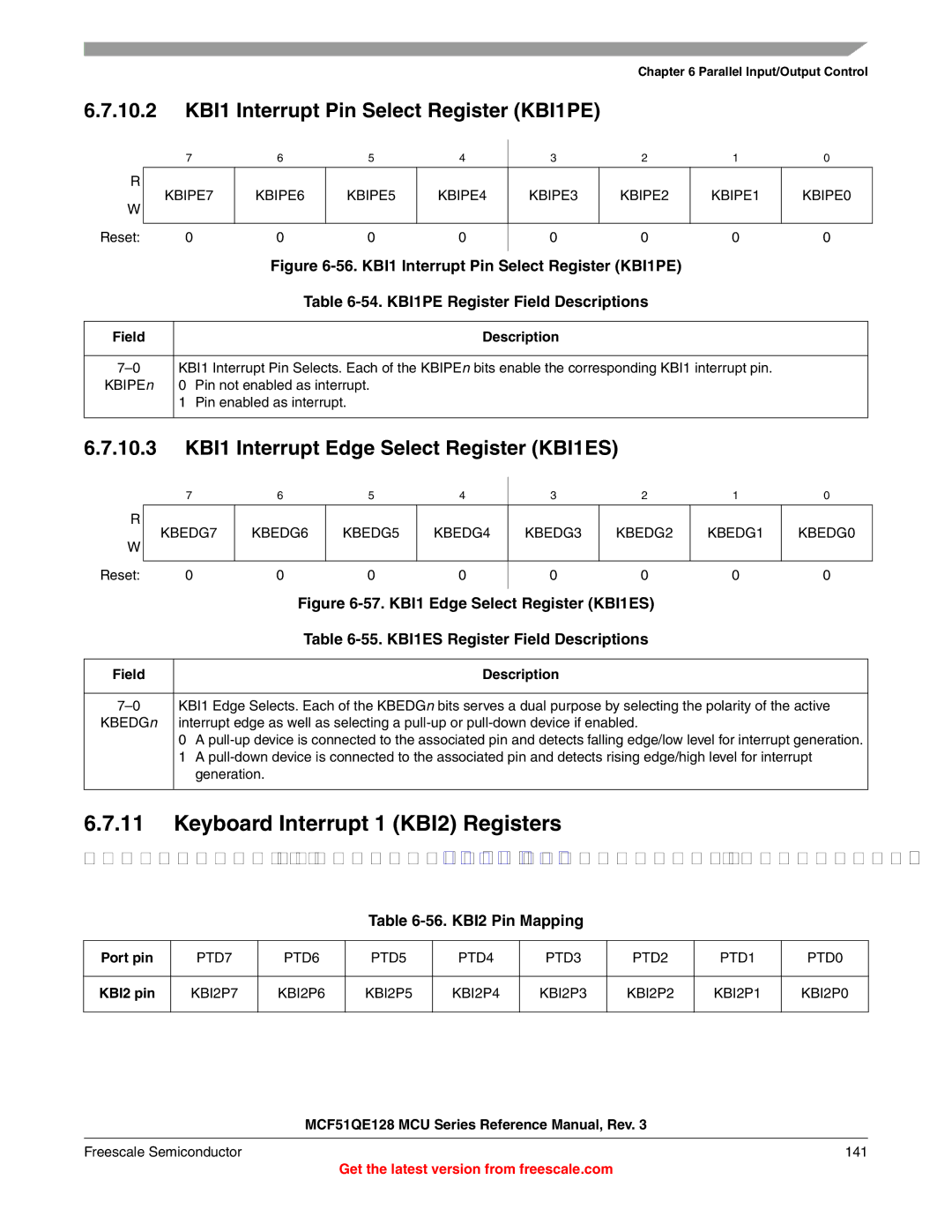 Freescale Semiconductor MCF51QE128RM Keyboard Interrupt 1 KBI2 Registers, 10.2 KBI1 Interrupt Pin Select Register KBI1PE 