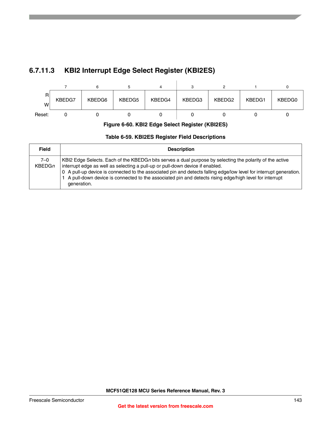 Freescale Semiconductor MCF51QE128RM 11.3 KBI2 Interrupt Edge Select Register KBI2ES, KBI2ES Register Field Descriptions 