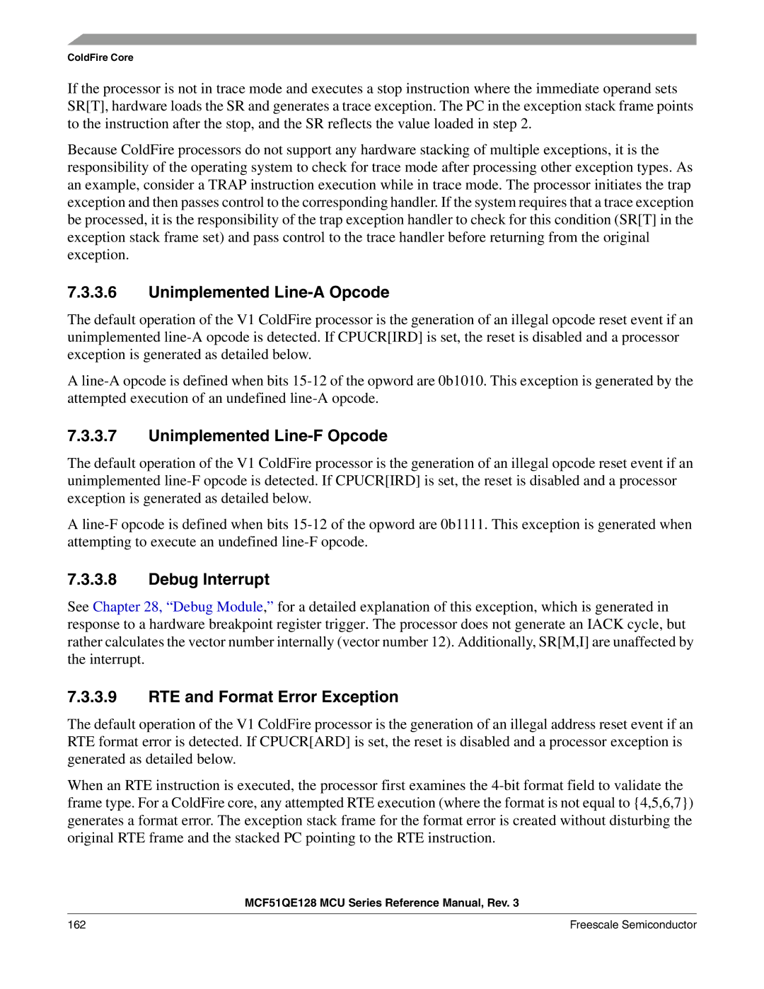 Freescale Semiconductor MCF51QE128RM manual Unimplemented Line-A Opcode, Unimplemented Line-F Opcode, Debug Interrupt 