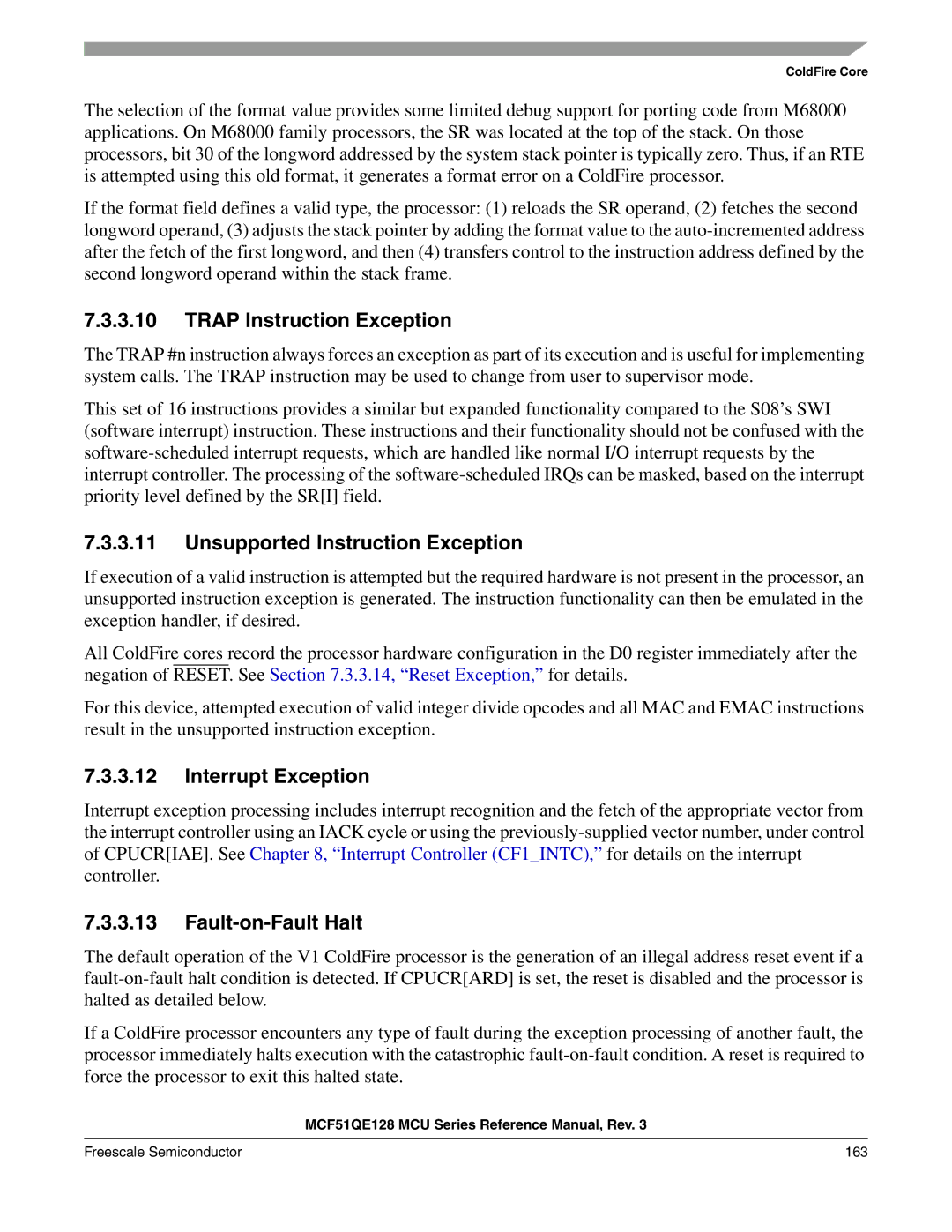 Freescale Semiconductor MCF51QE128RM Trap Instruction Exception, Unsupported Instruction Exception, Interrupt Exception 