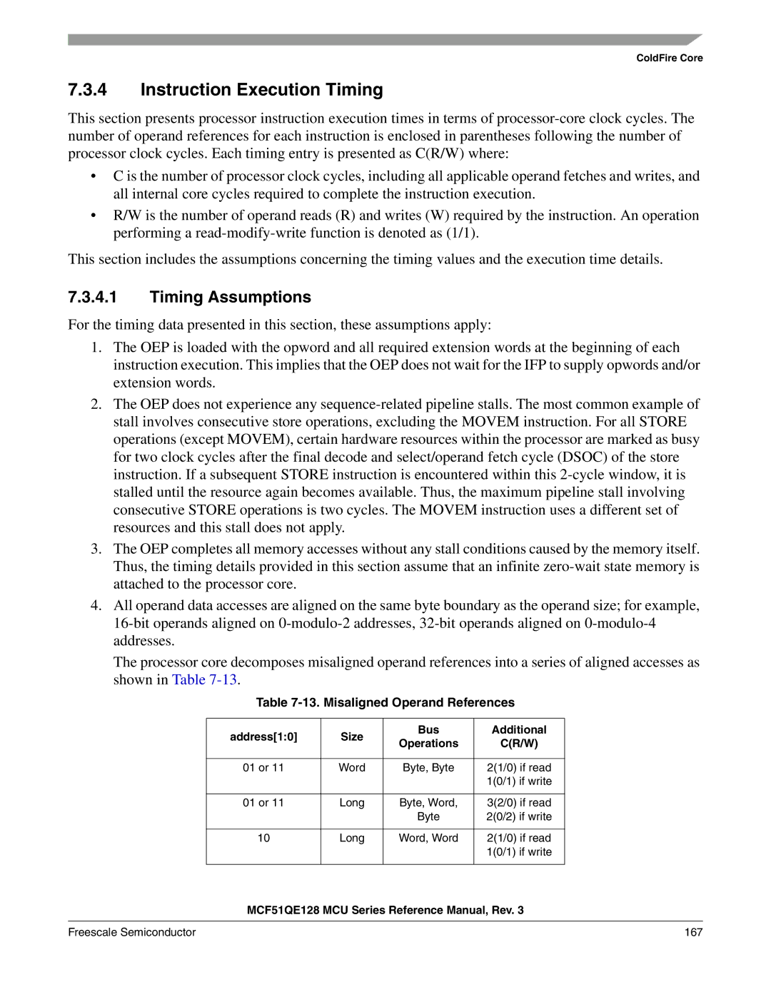 Freescale Semiconductor MCF51QE128RM manual Instruction Execution Timing, Timing Assumptions, Misaligned Operand References 