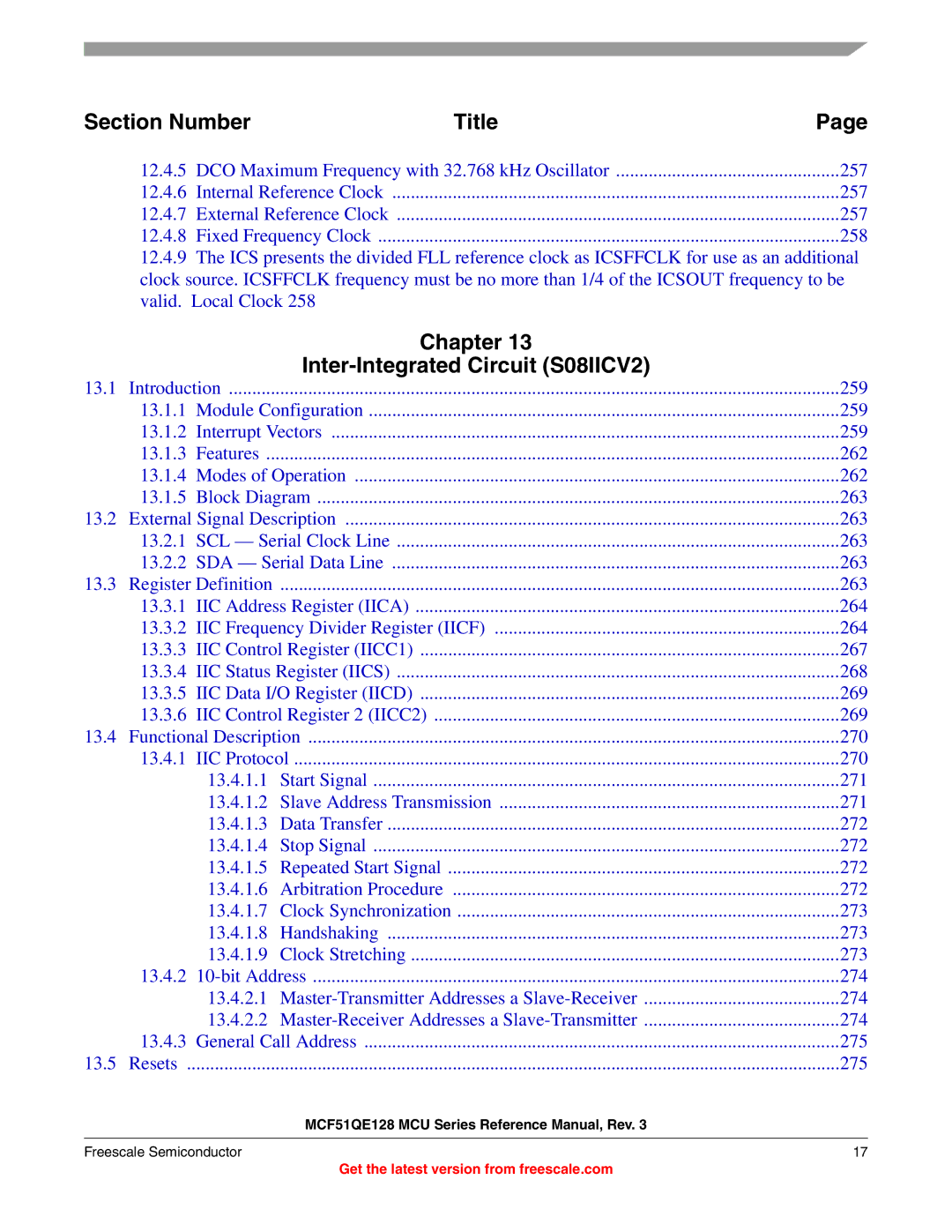 Freescale Semiconductor MCF51QE128RM manual Section Number Title, Chapter Inter-Integrated Circuit S08IICV2 