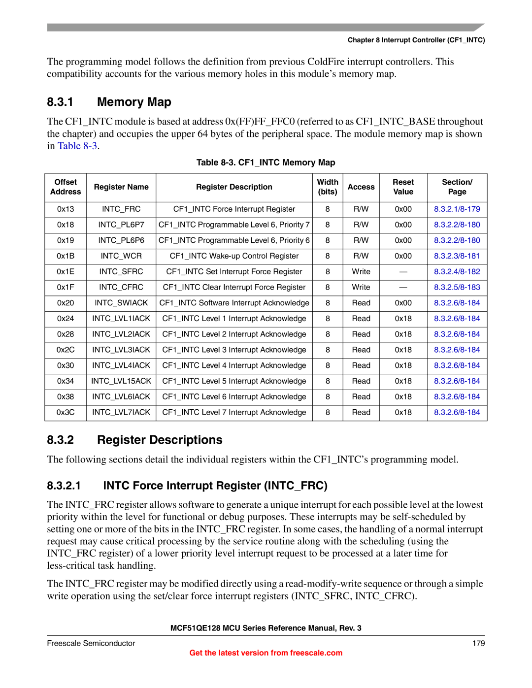 Freescale Semiconductor MCF51QE128RM manual Intc Force Interrupt Register Intcfrc, CF1INTC Memory Map 