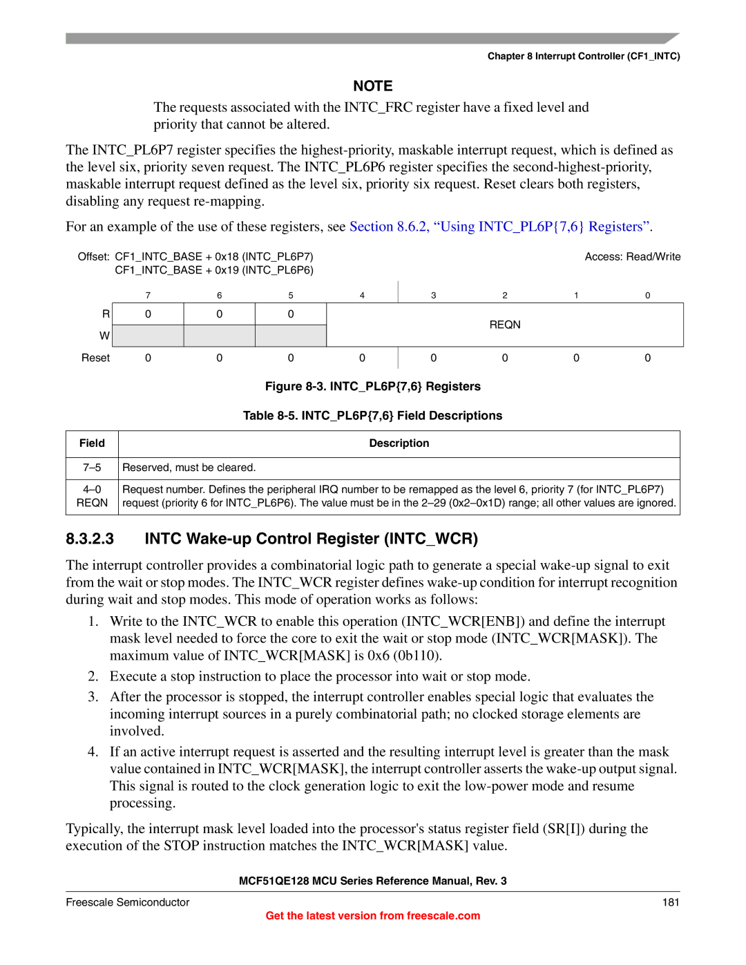 Freescale Semiconductor MCF51QE128RM manual Intc Wake-up Control Register Intcwcr, INTCPL6P7,6 Field Descriptions 