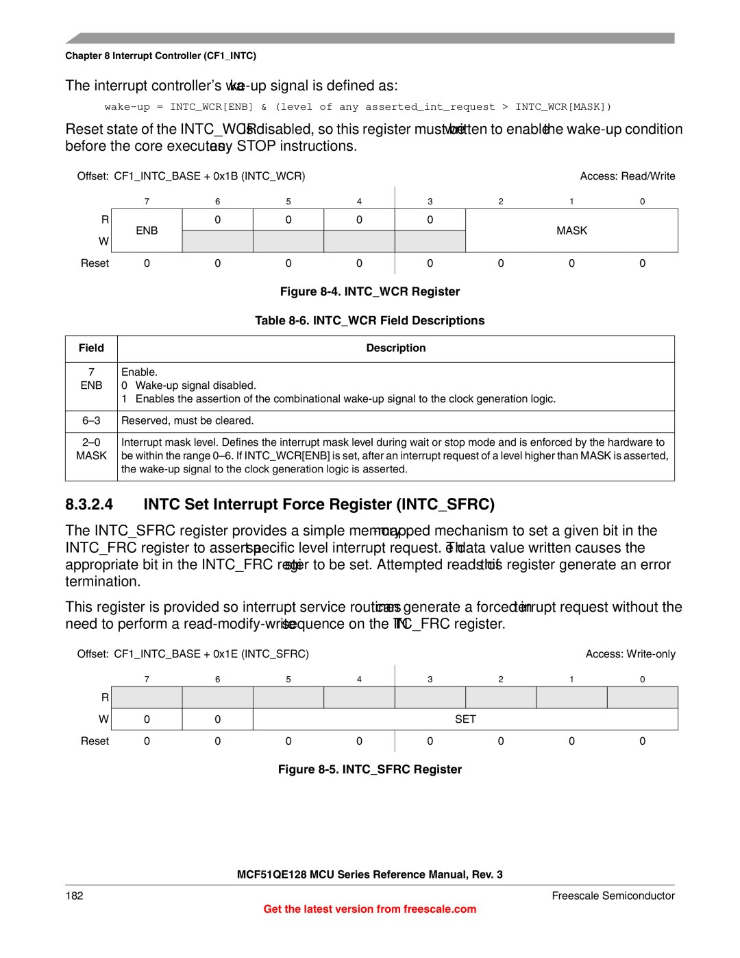 Freescale Semiconductor MCF51QE128RM manual Intc Set Interrupt Force Register Intcsfrc, Intcwcr Field Descriptions, Enb 