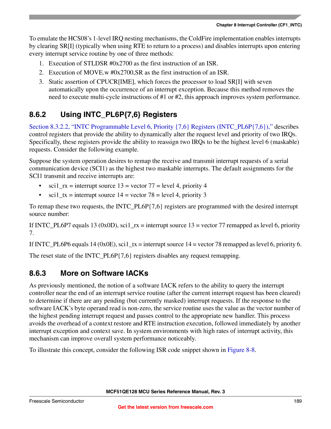 Freescale Semiconductor MCF51QE128RM Using INTCPL6P7,6 Registers, More on Software IACKs, Freescale Semiconductor 189 
