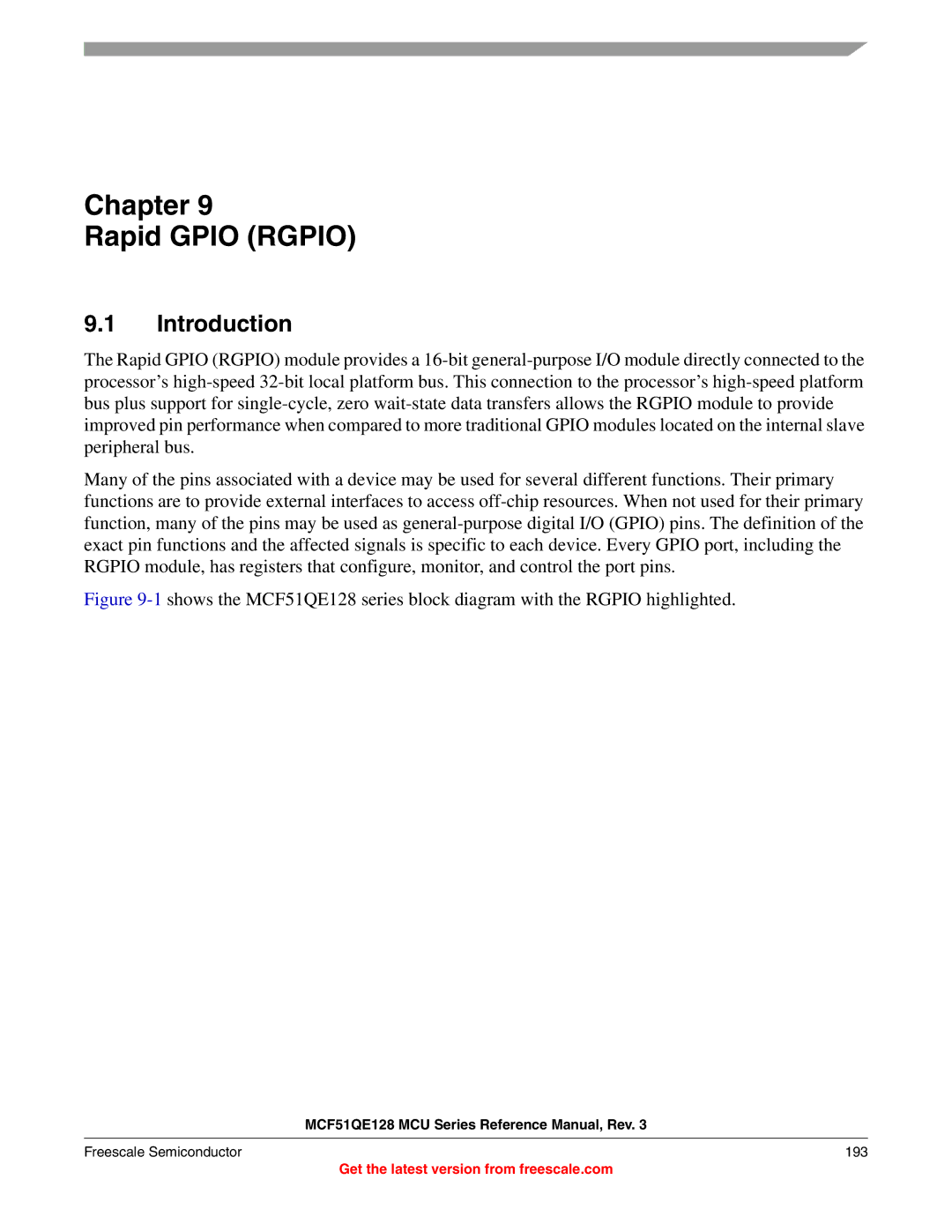 Freescale Semiconductor MCF51QE128RM manual Chapter Rapid Gpio Rgpio, Freescale Semiconductor 193 