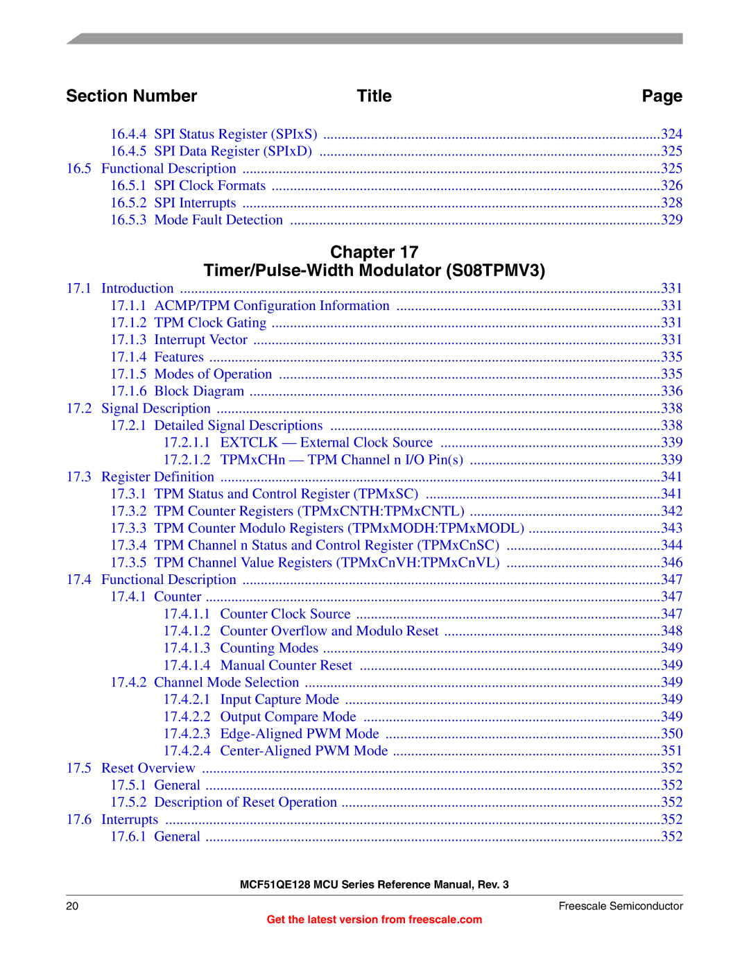 Freescale Semiconductor MCF51QE128RM manual Chapter Timer/Pulse-Width Modulator S08TPMV3 