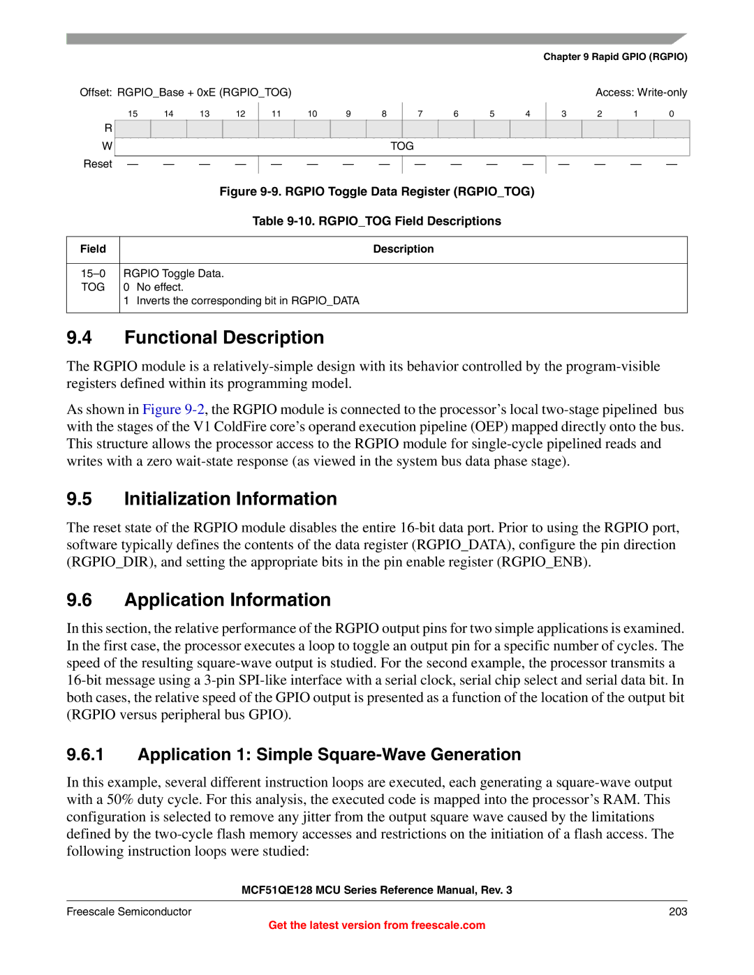 Freescale Semiconductor MCF51QE128RM manual Application 1 Simple Square-Wave Generation, Rgpiotog Field Descriptions, Tog 