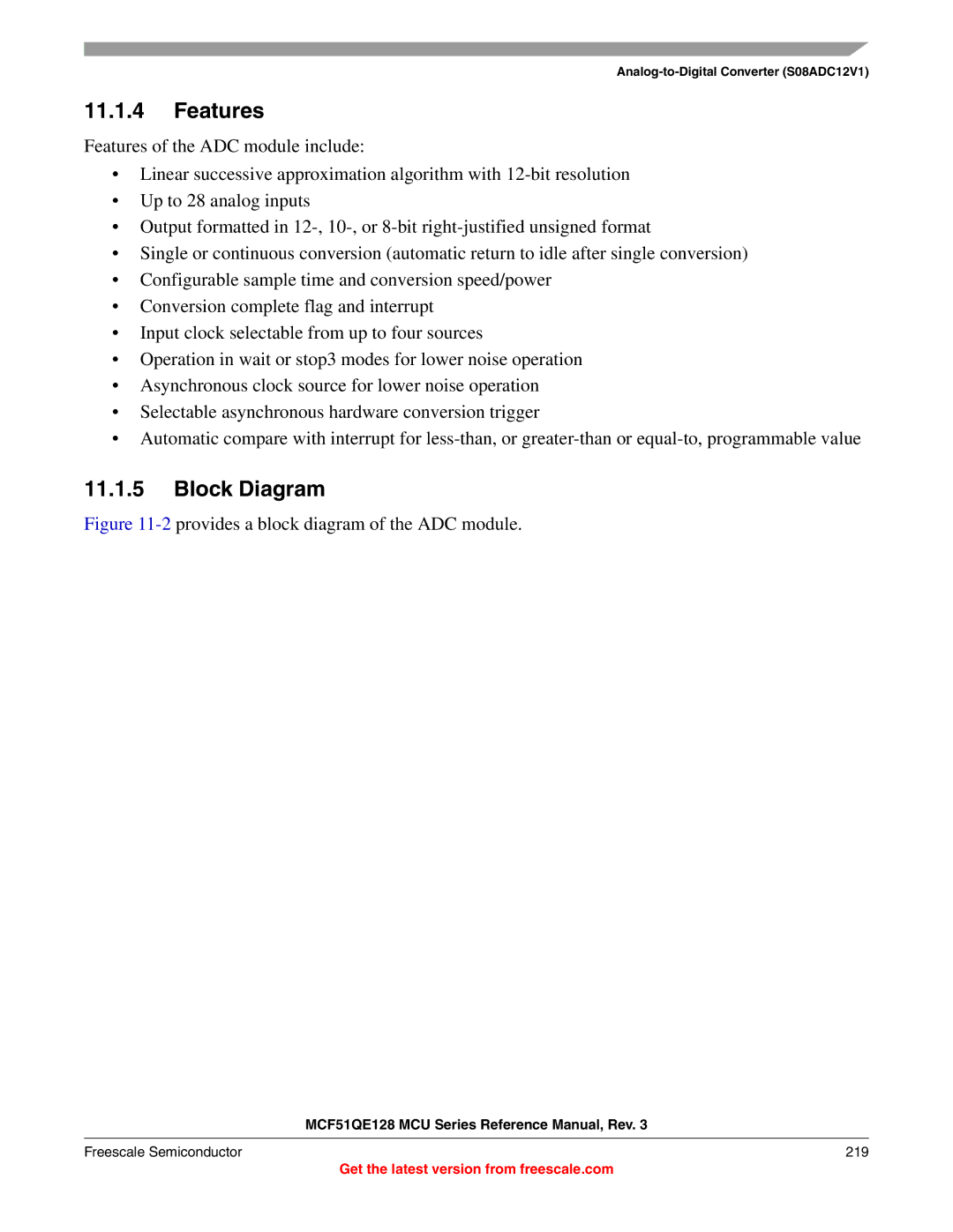 Freescale Semiconductor MCF51QE128RM manual 2provides a block diagram of the ADC module, Freescale Semiconductor 219 