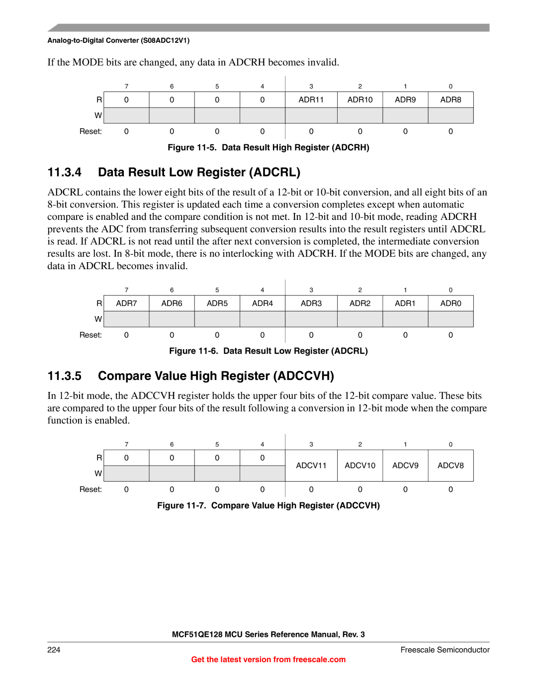 Freescale Semiconductor MCF51QE128RM Data Result Low Register Adcrl, Compare Value High Register Adccvh, ADR10 ADR9 ADR8 