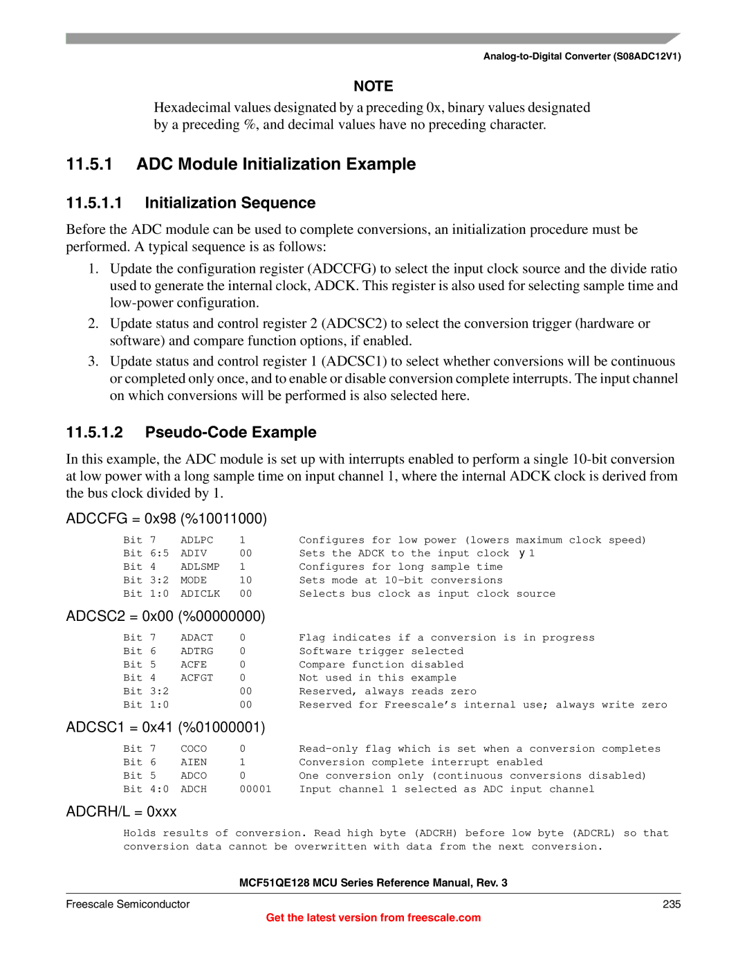 Freescale Semiconductor MCF51QE128RM manual ADC Module Initialization Example, Initialization Sequence, Pseudo-Code Example 