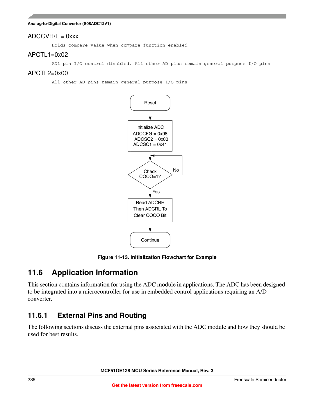 Freescale Semiconductor MCF51QE128RM External Pins and Routing, Reset Initialize ADC Adccfg = ADCSC2 = ADCSC1 = Check No 