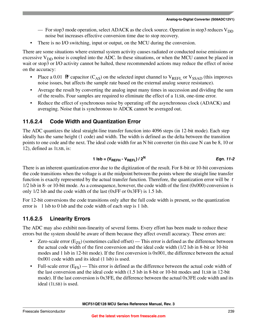 Freescale Semiconductor MCF51QE128RM manual Code Width and Quantization Error, Linearity Errors, Lsb = 