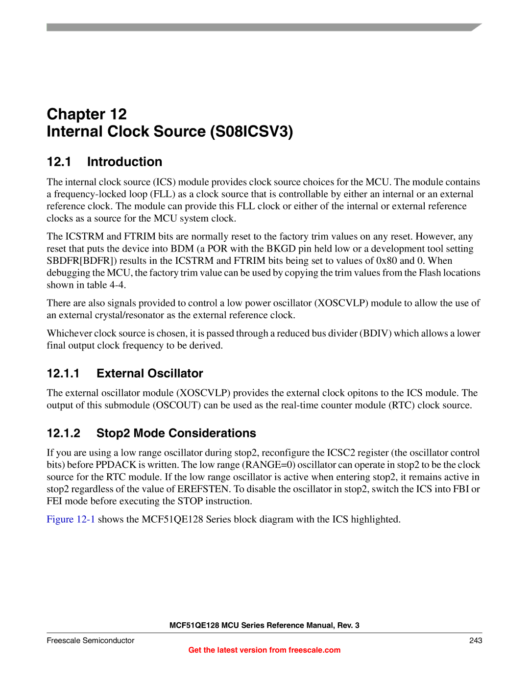 Freescale Semiconductor MCF51QE128RM manual Chapter Internal Clock Source S08ICSV3, External Oscillator 