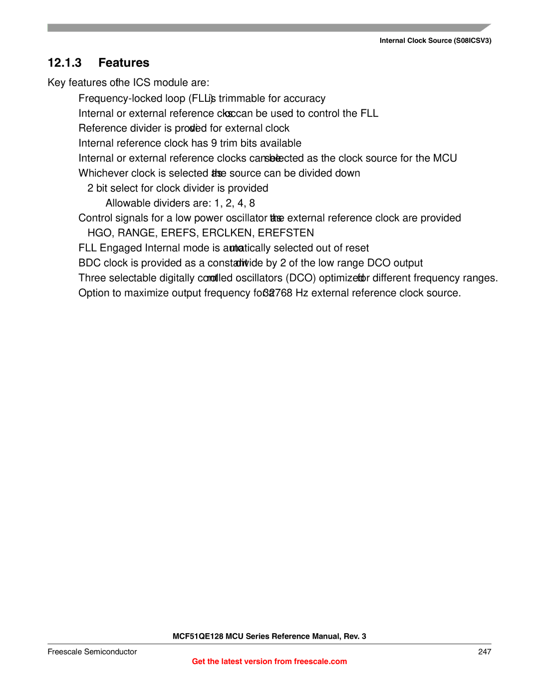 Freescale Semiconductor MCF51QE128RM manual HGO, RANGE, EREFS, ERCLKEN, Erefsten, Freescale Semiconductor 247 