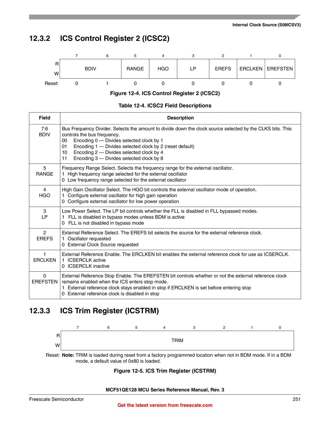 Freescale Semiconductor MCF51QE128RM ICS Control Register 2 ICSC2, ICS Trim Register Icstrm, ICSC2 Field Descriptions 