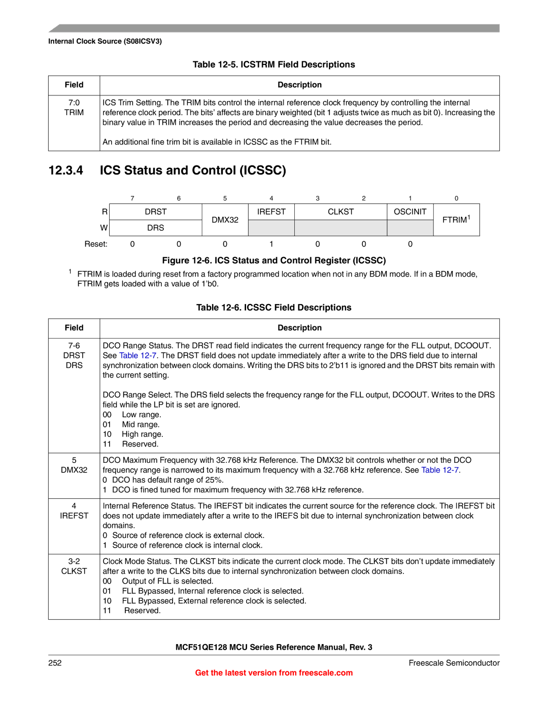 Freescale Semiconductor MCF51QE128RM ICS Status and Control Icssc, Icstrm Field Descriptions, Icssc Field Descriptions 