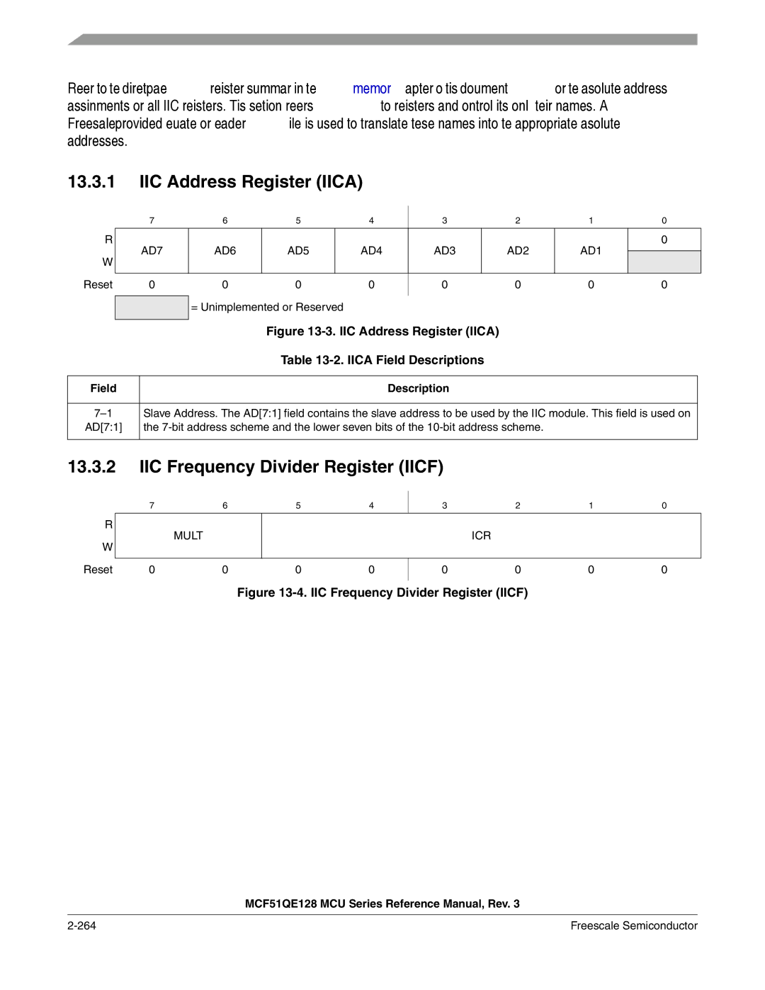 Freescale Semiconductor MCF51QE128RM manual IIC Address Register Iica, IIC Frequency Divider Register Iicf, Mult ICR 