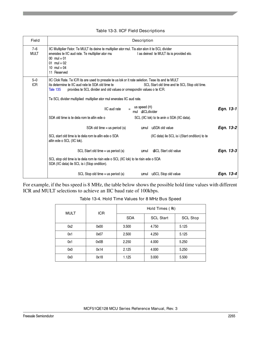 Freescale Semiconductor MCF51QE128RM manual Iicf Field Descriptions, Hold Time Values for 8 MHz Bus Speed, Hold Times μs 